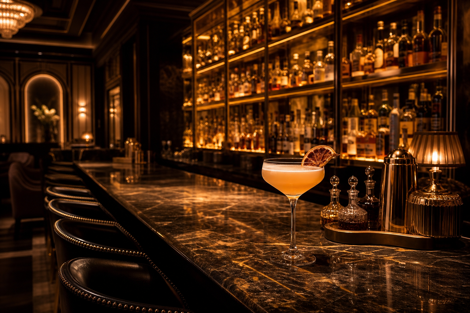 Amber-lit lounge adjoining the casino floor with crafted cocktails