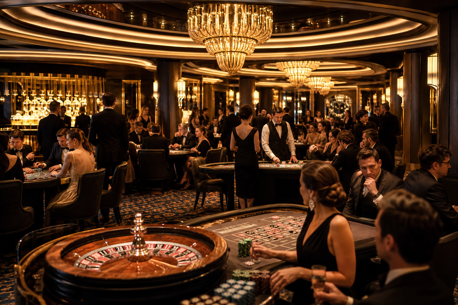 Sophisticated casino floor with table games and golden chandeliers at Sharesprize