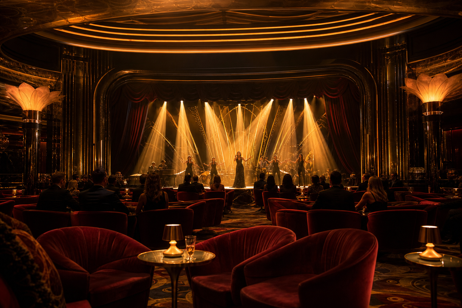 Dramatic golden stage lighting in the Royale Theatre at Sharesprize