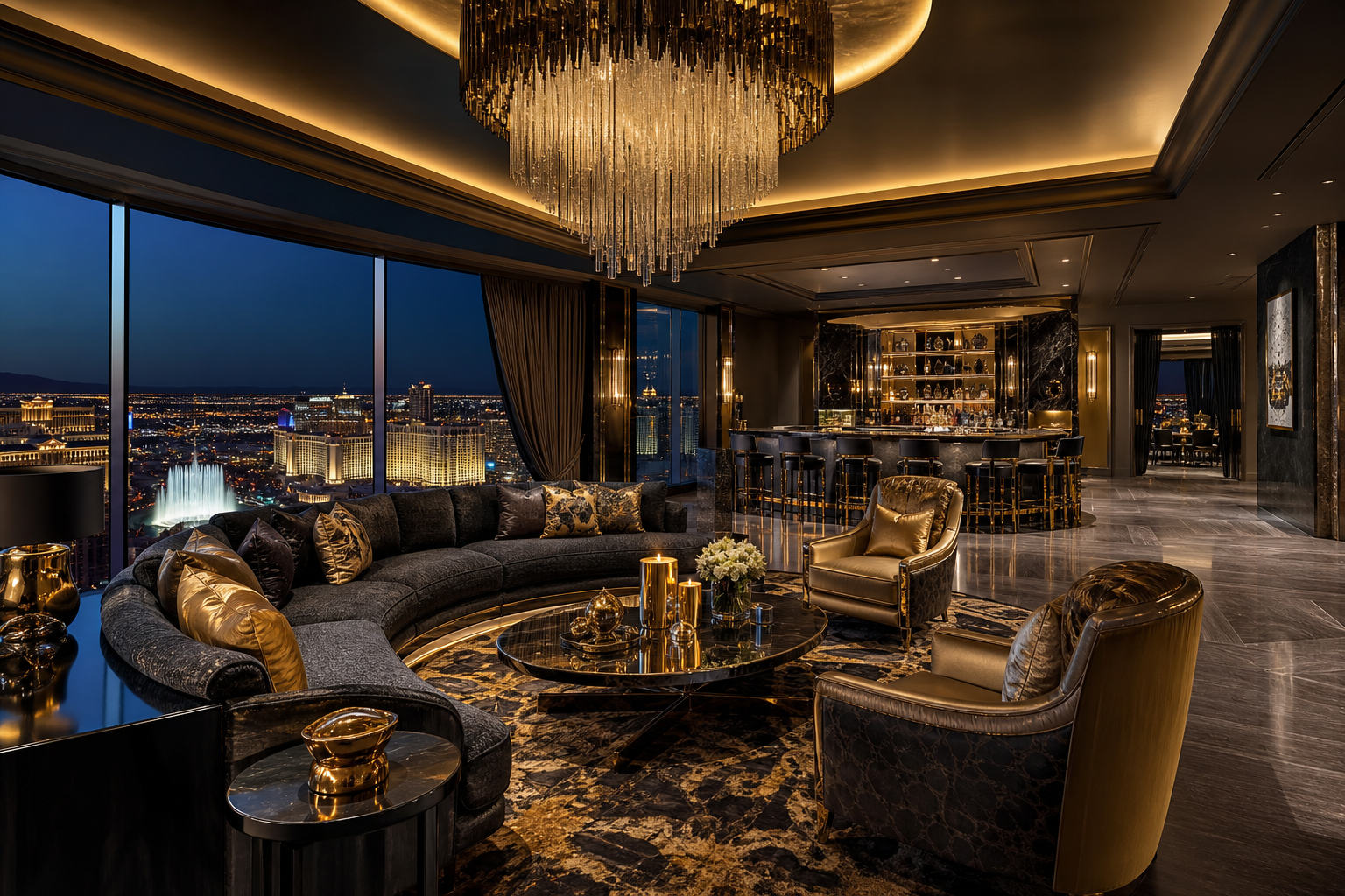 Lavish Presidential Penthouse with private bar, chandelier and floor-to-ceiling views over a glittering city