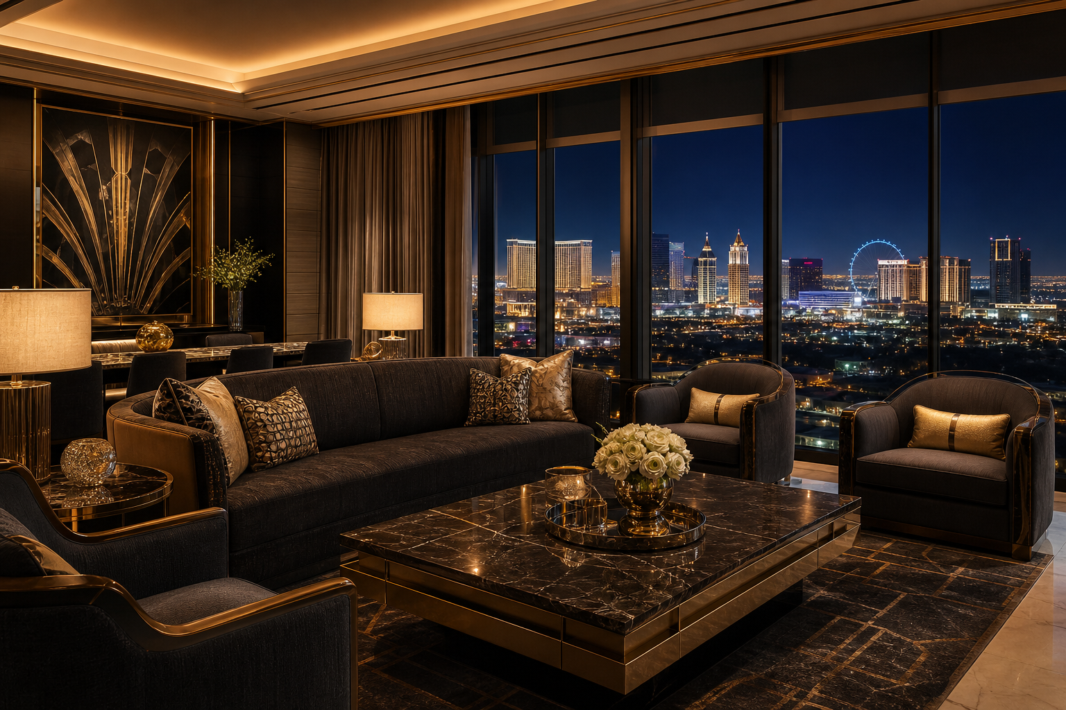 Luxurious Royale Executive Suite with marble lounge and panoramic night views