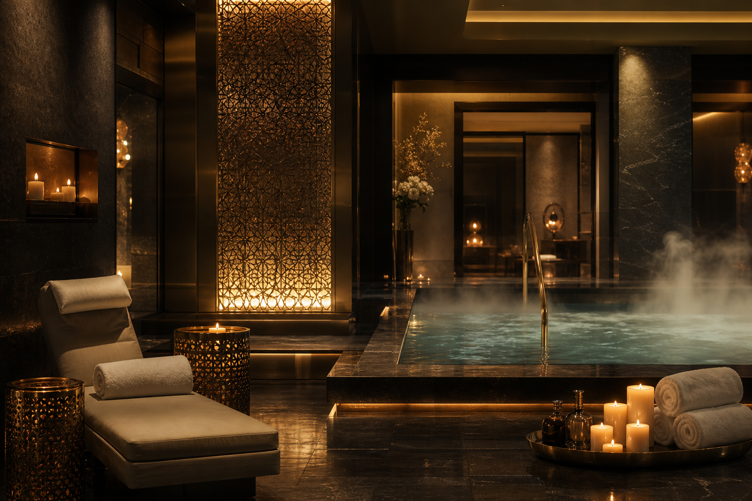 Serene spa with a candlelit relaxation pool and soft warm lighting at Sharesprize